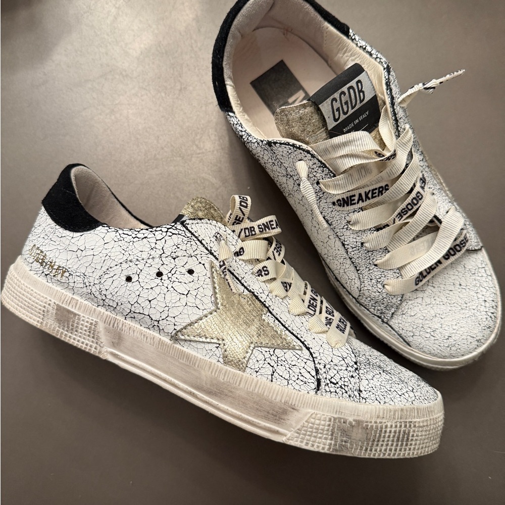 Golden Goose Black and White Cracked Leather Sneakers